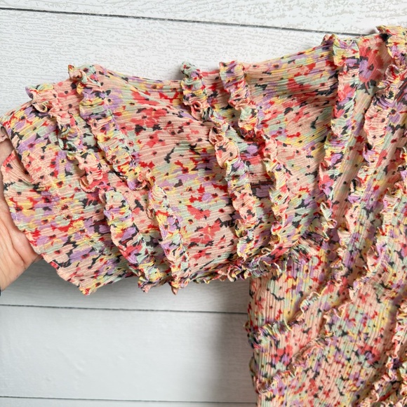 Rebecca Taylor | Silk & Cotton Pink Speckled Ruffle Ruched Blouse - Size 2 - Picture 8 of 14